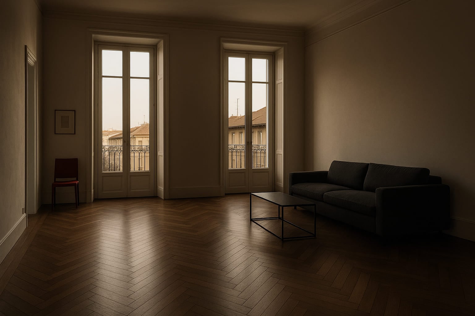 Il salone dell'attico, con parquet a spina e portefinestre sul terrazzo