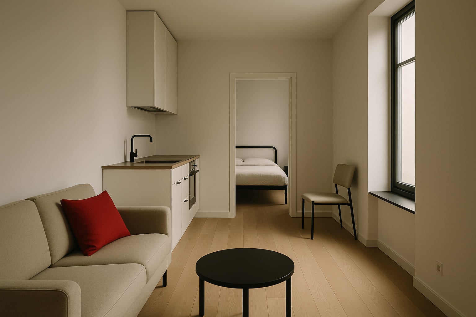 Il soggiorno del bilocale, con rovere chiaro e cucina in linea