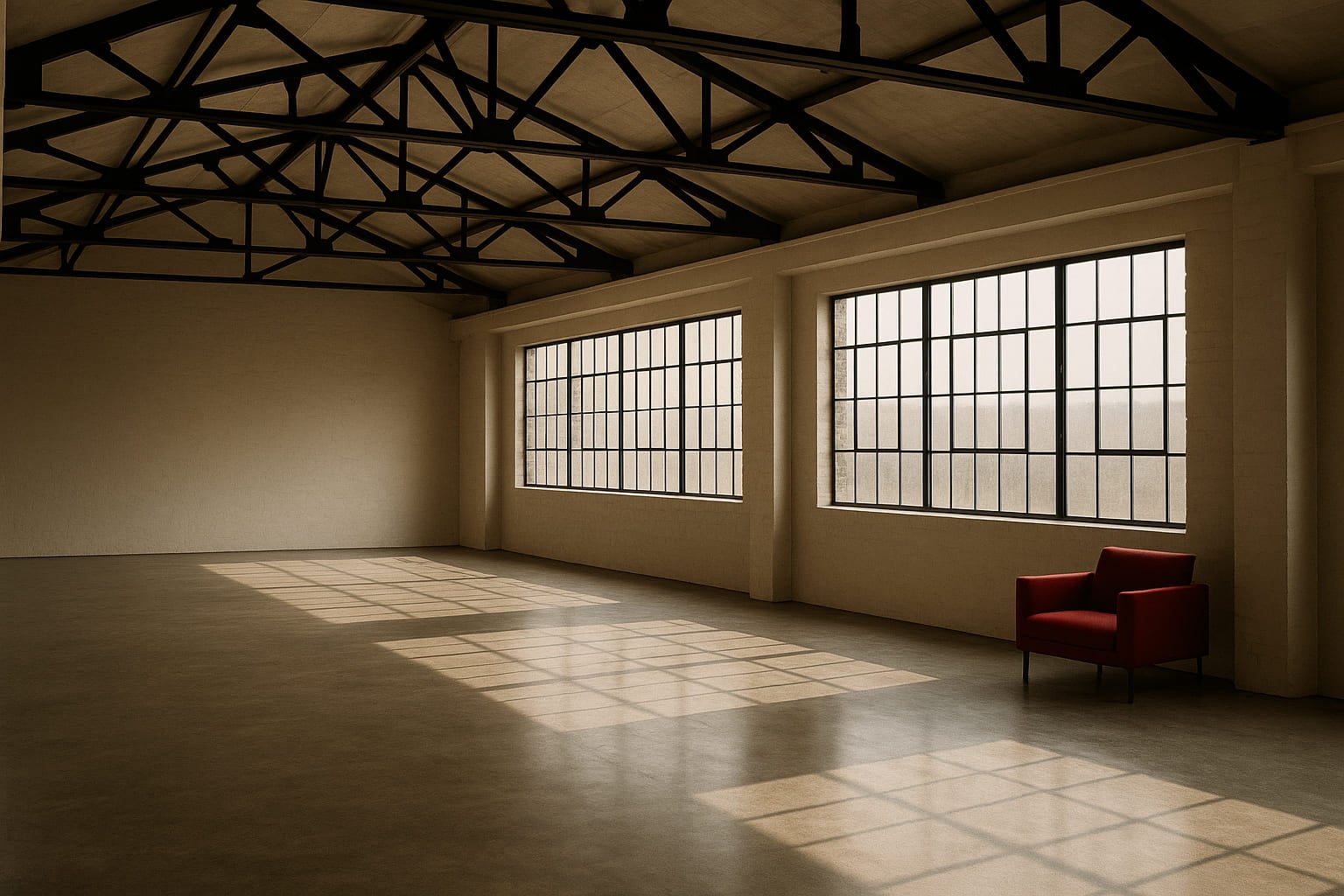 Il loft con capriate in acciaio a vista e la parete vetrata dell'ex officina