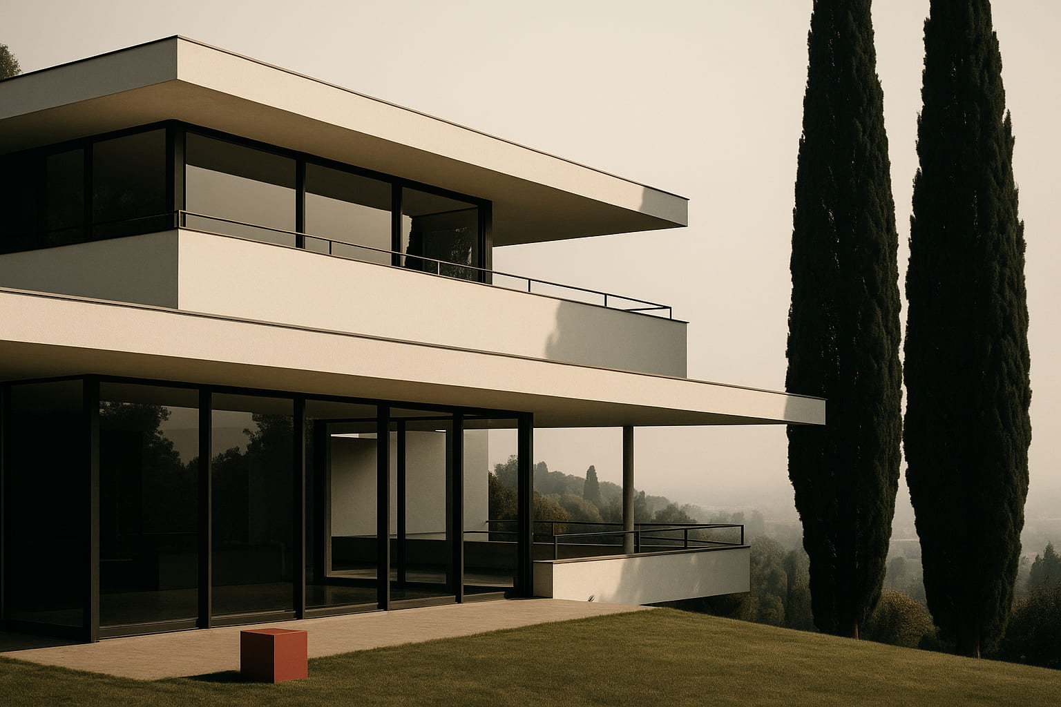 La villa vista dal giardino, con i piani bianchi orizzontali e i cipressi