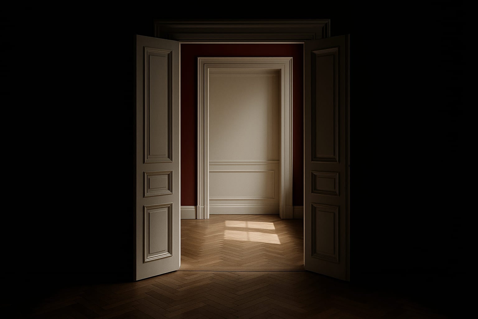 Una porta aperta in un appartamento d'epoca vuoto: la luce attraversa la soglia e cade sul parquet a spina